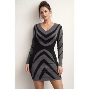 Buffalo David Bitton Gray Black Chevron Sweater Dress Bodycon Knit S